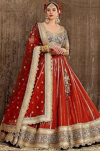 brick red machine embroidered lehenga set