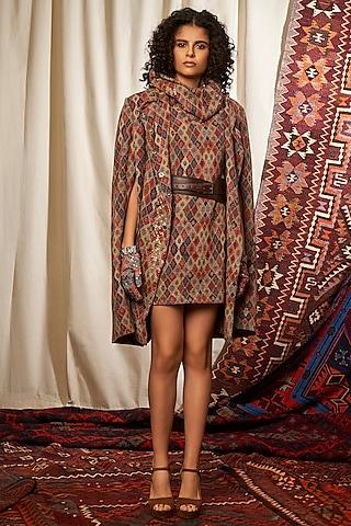 brick red printed cape wtih dress