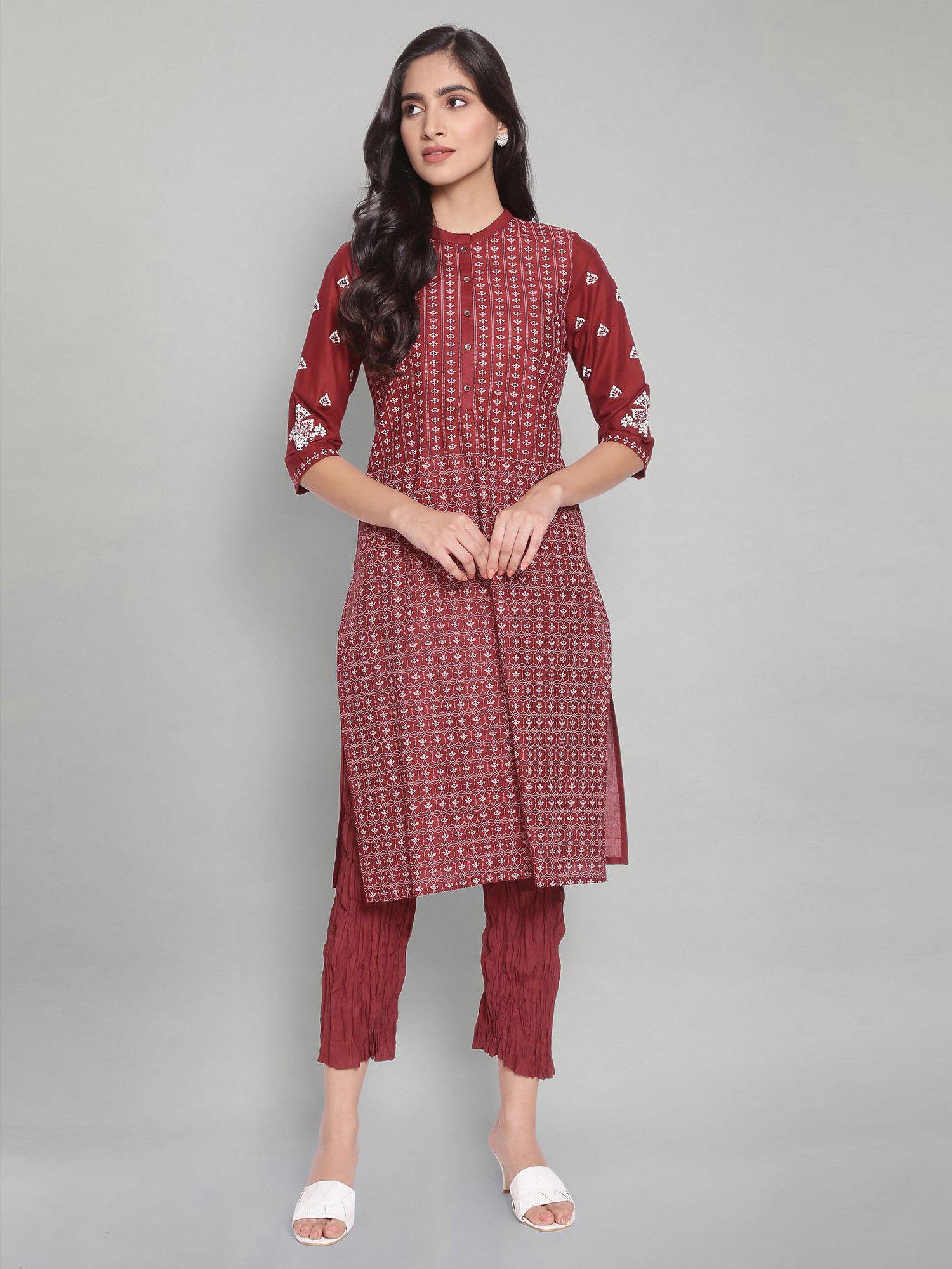 brick red printed straight kurta