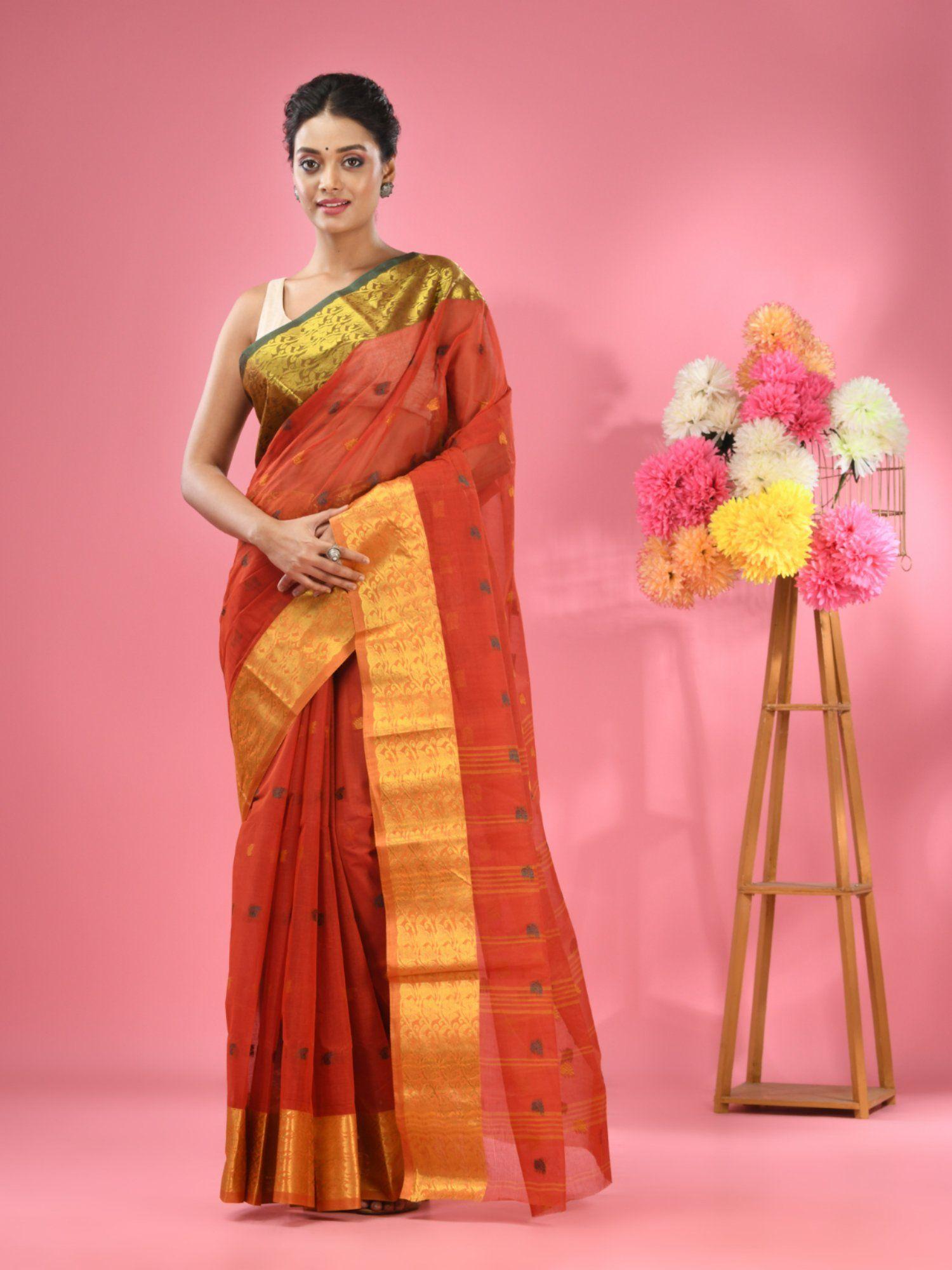 brick red pure cotton tant zari border saree without blouse