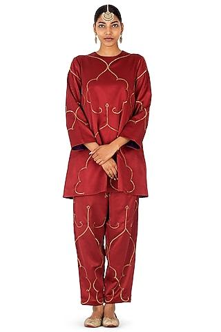 brick red satin silk dori work & sequins hand embroidered kurta set