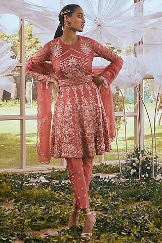 brick red semi dupion beads embroidered anarkali set