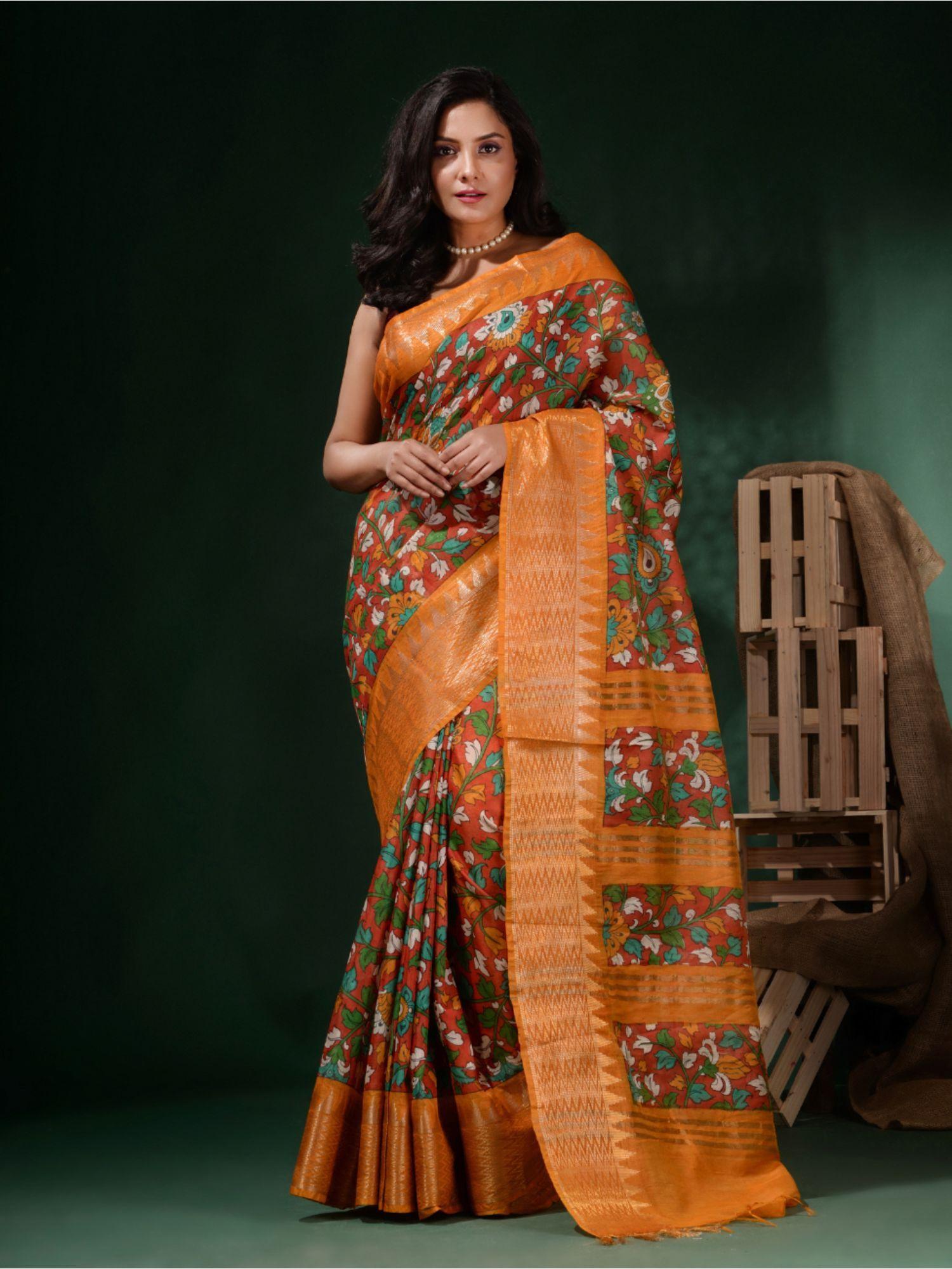 brick red silk blend handwoven soft floral print saree with unstitched blouse