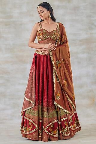 brick red silk embroidered lehenga set