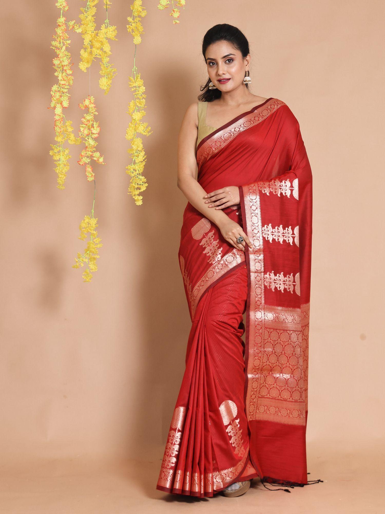 brick red silk handwoven zari woven floral designs & motifs saree with unstitched blouse