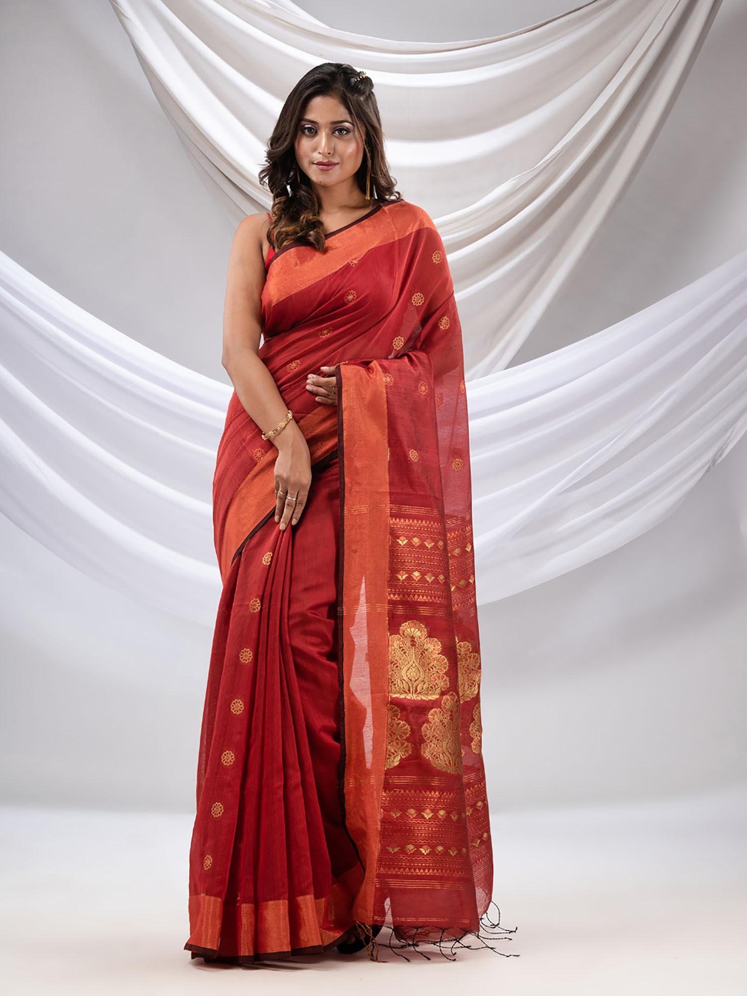 brick rust cotton blend handwoven saree with nakshi pallu with unstitched blouse