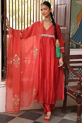 brick rust silk chanderi zardosi embroidered kurta set