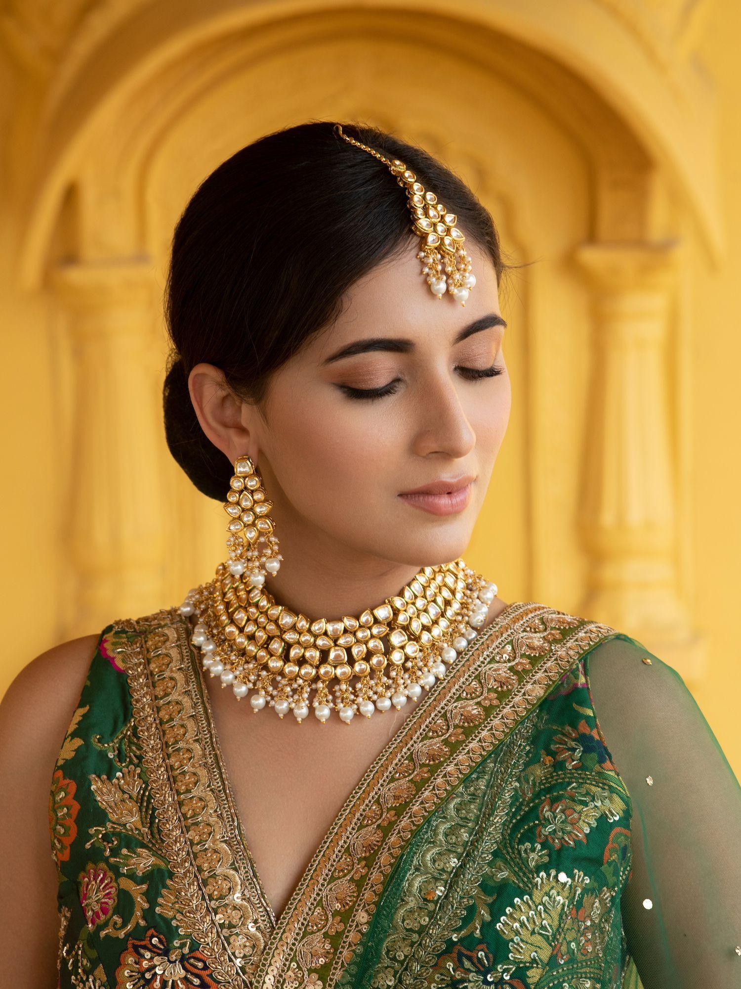 bridal kundan and pearls floral necklace set
