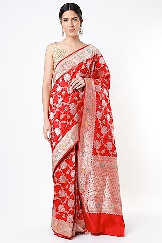 bridal red pure katan silk saree set