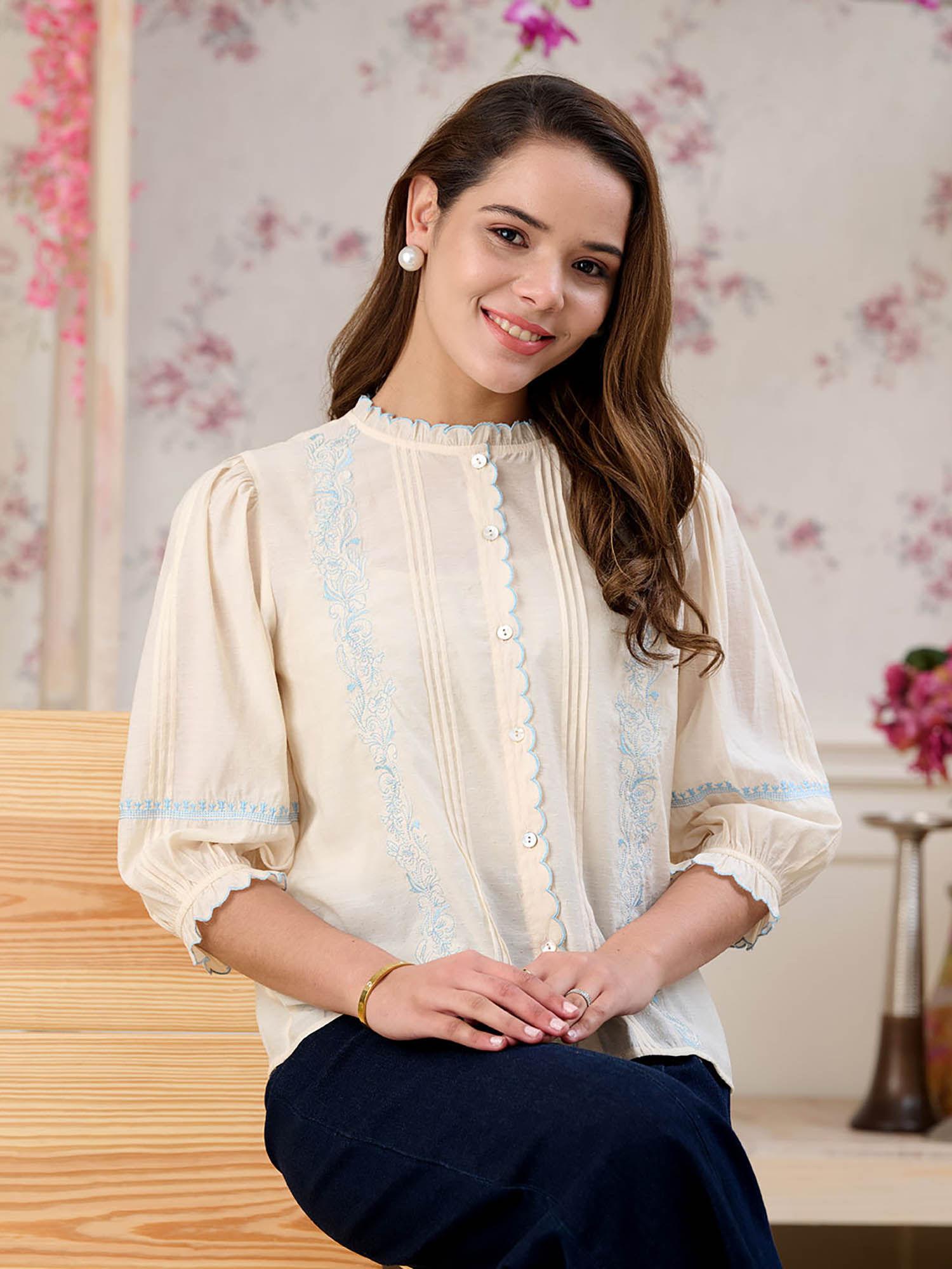 bridgerton embroidered rayon beige shirt