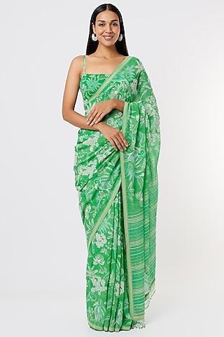 bright green embroidered saree set