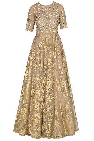 bright nude golden paan leaf embroidered anarkali