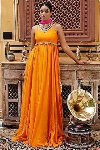 bright orange chanderi gown with dupatta