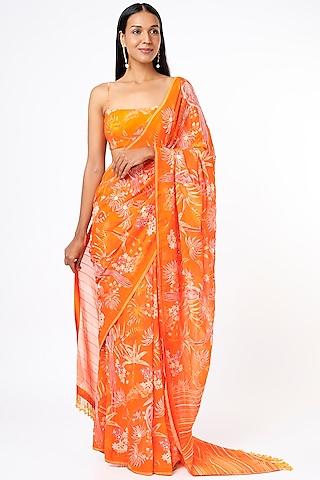 bright orange digital printed saree set