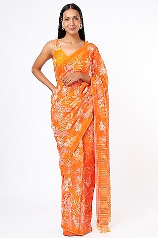 bright orange printed & embroidered saree set