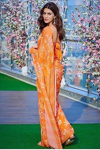 bright orange printed & embroidered saree set