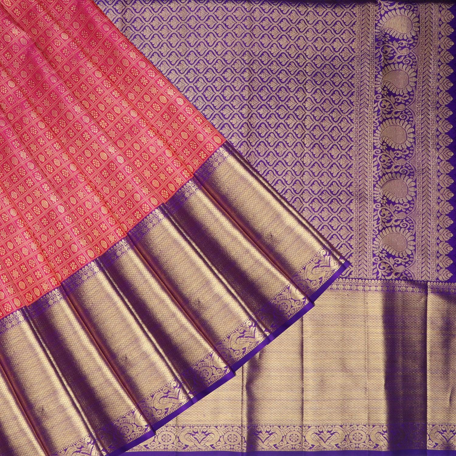 bright pink kanjivaram silk saree with floral butis in checks pattern