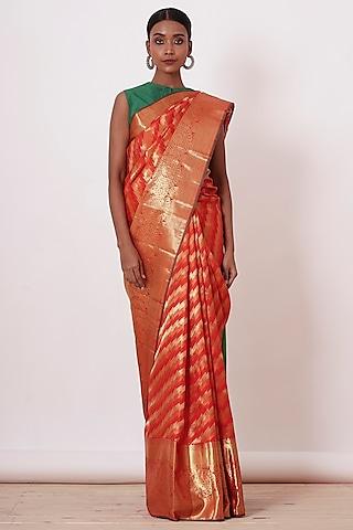 bright red embroidered handwoven saree set