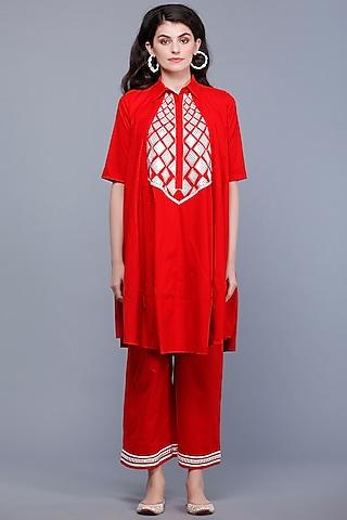 bright red embroidered kalidar short tunic
