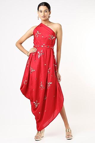 bright red one-shoulder draped gown with belt