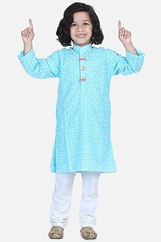 bright blue chikankari kurta set for boys