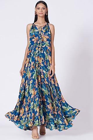 bright blue floral printed maxi dress