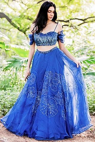 bright blue hand embroidered lehenga set