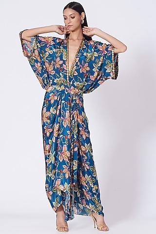 bright blue printed asymmetrical draped dress