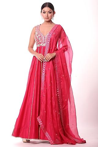 bright cherry red embroidered anarkali set