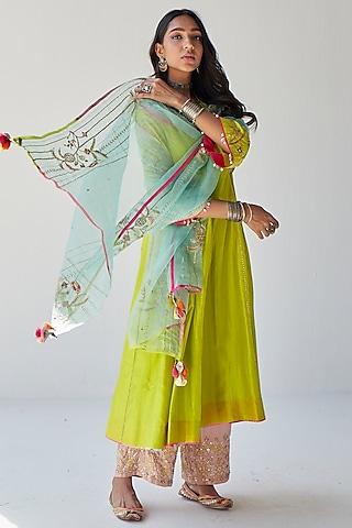 bright green silk hand embroidered kurta set