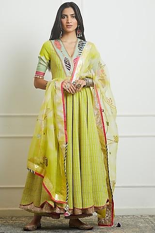 bright lime organza printed & hand embroidered anarkali set