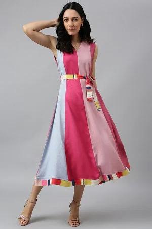 bright multicoloured colour block sleeveless dress