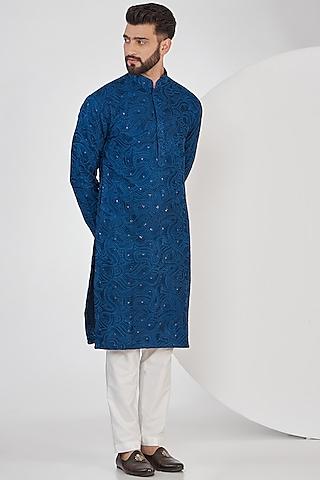 bright navy blue silk chikankari kurta set