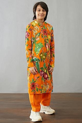 bright orange chanderi & cotton silk kurta set for boys