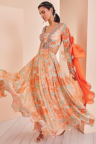 bright orange chiffon printed anarkali set