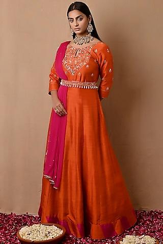 bright orange hand embroidered anarkali set