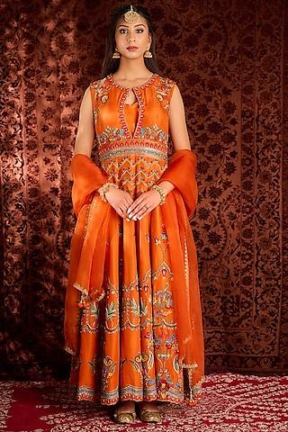 bright orange machine & hand embroidered anarkali set