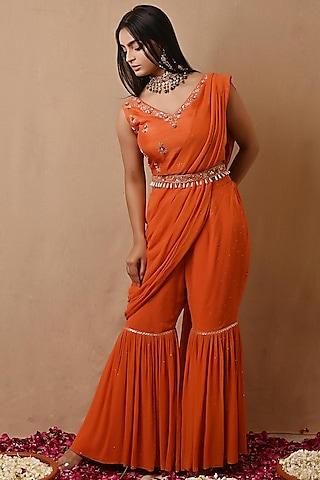 bright orange mukaish georgette pre-draped saree-set