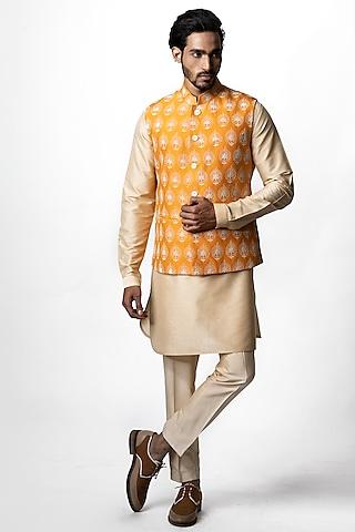 bright orange printed & embroidered bundi jacket