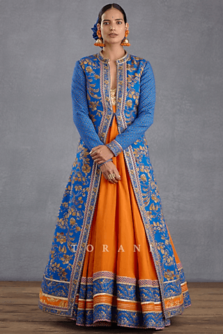 bright orange slub silk embroidered anarkali with jacket