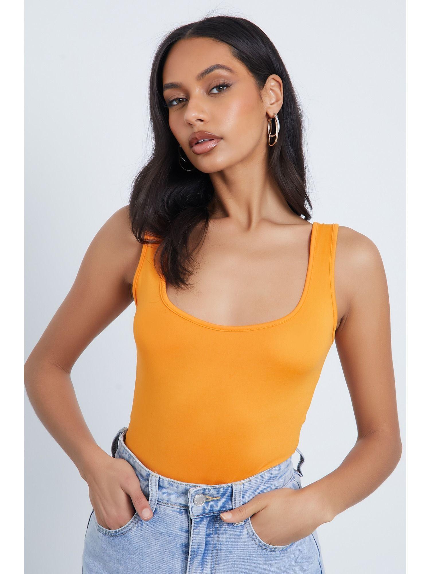 bright orange super soft scoop neck sleeveless bodysuit