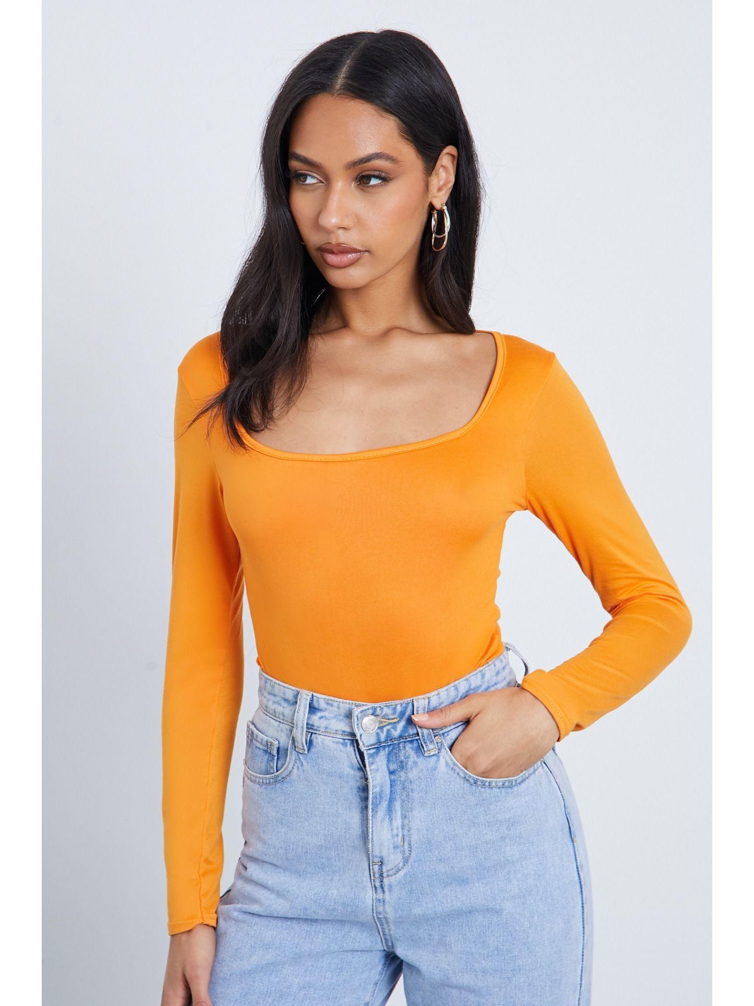 bright orange super soft square neck long sleeve bodysuit