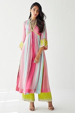 bright pink & powder blue crepe printed & hand embroidered kurta set