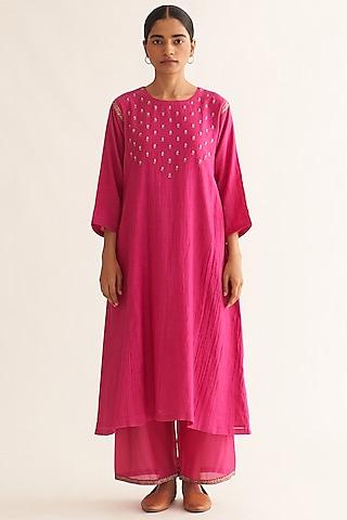 bright pink chanderi hand embroidered kurta set