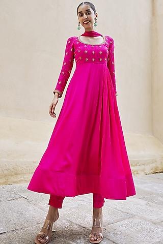 bright pink chinon embroidered anarkali set