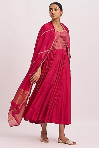 bright pink cotton silk anarkali set