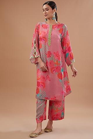 bright pink crepe printed & embroidered kurta set