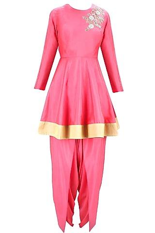 bright pink dabka embroidered flared kurta with dhoti pants