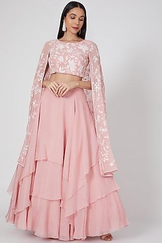 bright pink embroidered tiered skirt set