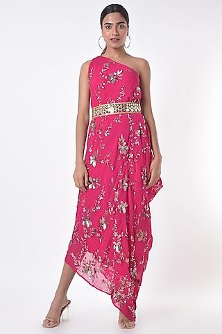 bright pink foil embroidered one-shoulder midi dress